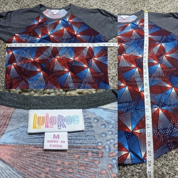 ✨3/$15 NWT LuLaRoe Randy grey red blue geometric patriotic baseball T-shirt M - Picture 4 of 7